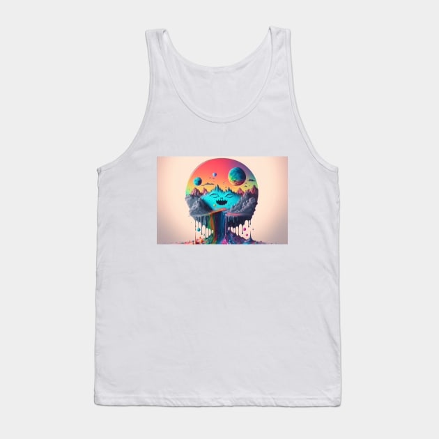 Full Moons Over Happy Mountains and the Rainbow River - Psychedelic Landscape - Paint Dripping 3D Illustration - Colorful Haunted Nature Scene Tank Top by JensenArtCo